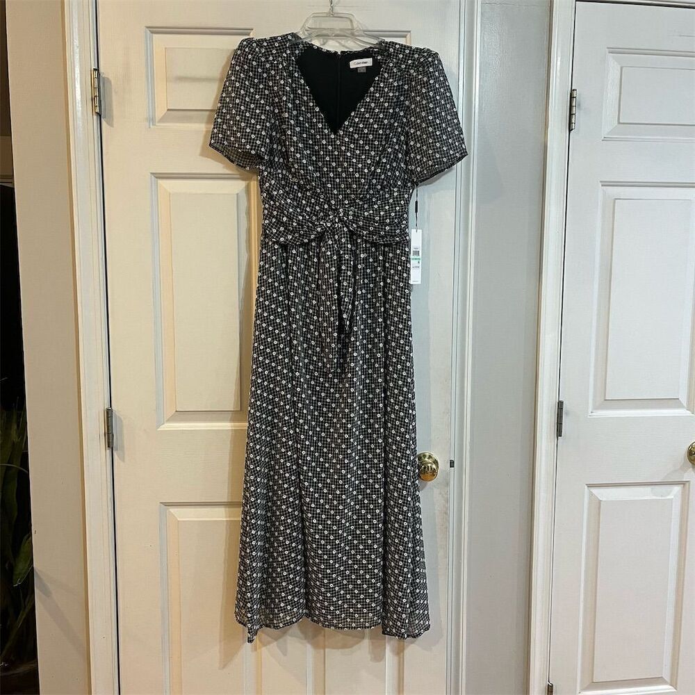 Calvin Klein Women's Black Dot Chiffon Maxi Dress Size 8 Party/Cocktail